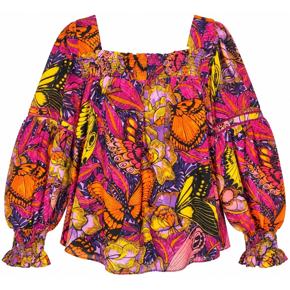 Anthropologie Blouse M Butterfly Whimsigoth Maximalist Boho Puff Sleeve Smocked